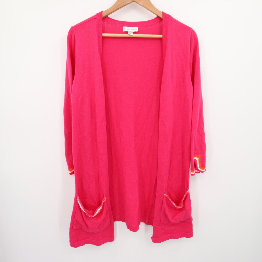 Susan Graver Cardigan Sweater Pink Open Front Pockets Crochet Long Sleeve XXS